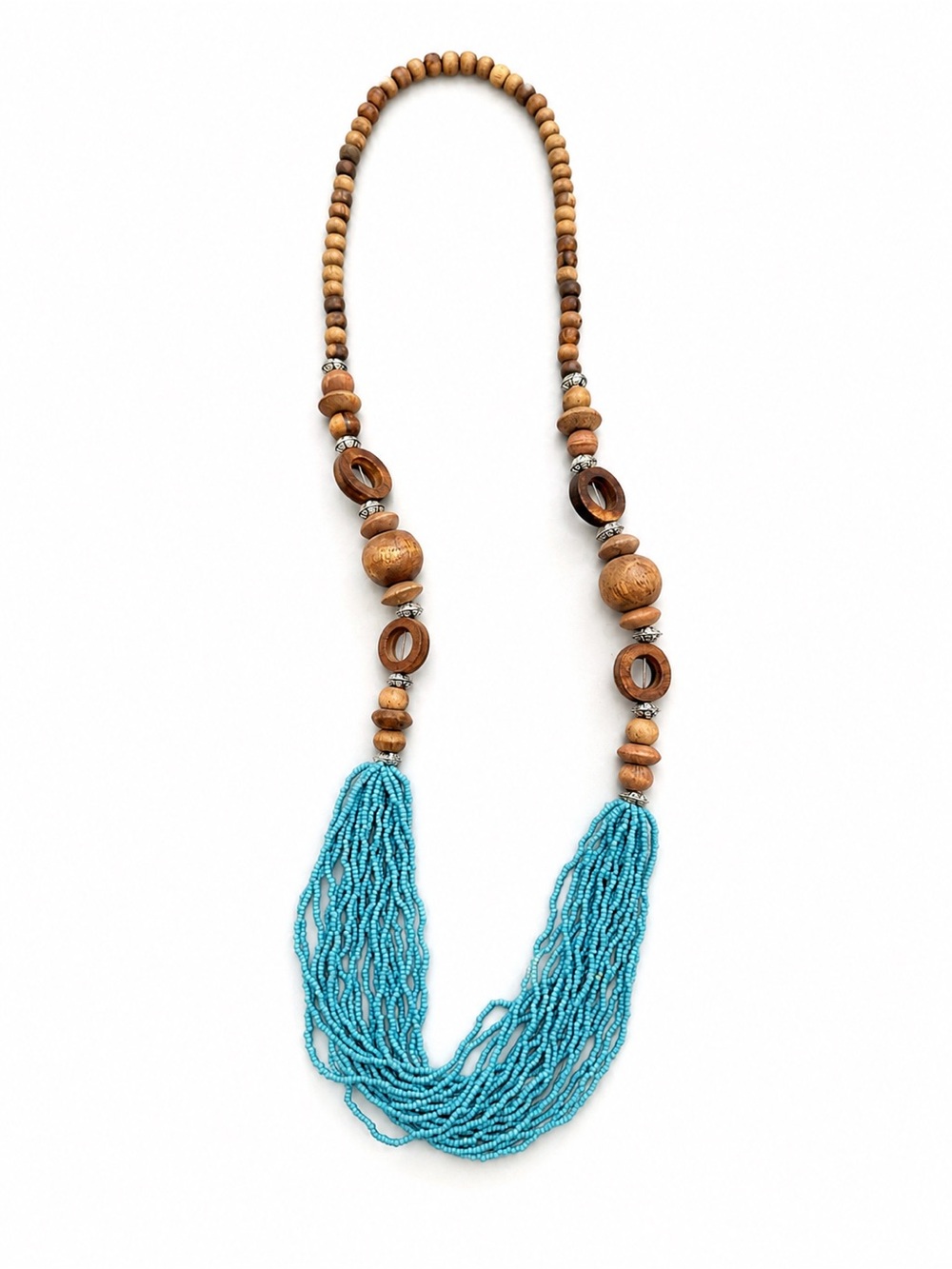 Handmade Turquoise Beaded Tassel Necklace with Wooden Accents